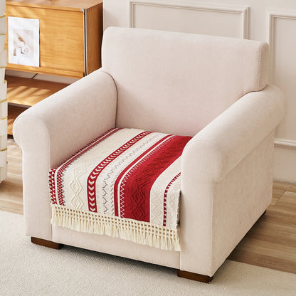 Nordic Boho Geometric Sofa Cover Mat with Tassel, 'Nordic Tassel Series'  Ruby Cream