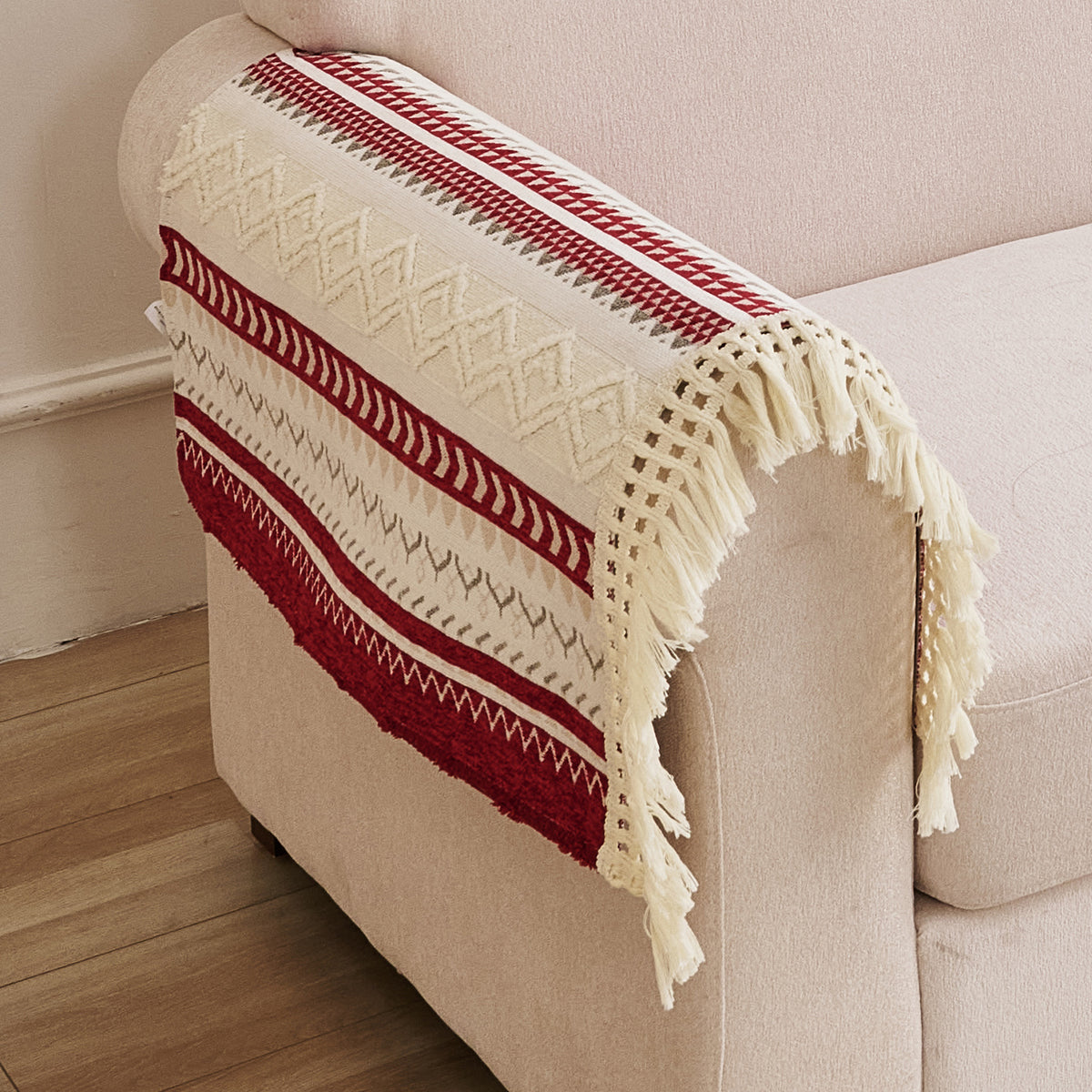 Nordic Boho Geometric Sofa Cover Mat with Tassel, 'Nordic Tassel Series'  Ruby Cream