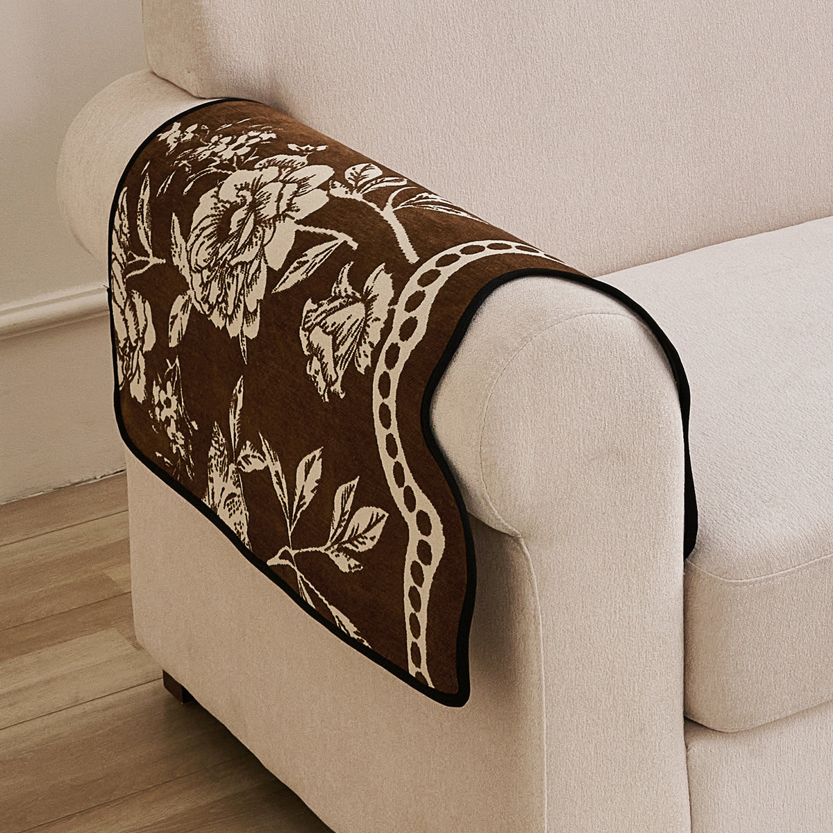Chenille Sofa Cover Mat with Curvy Edges, 'Retro Curves Series' Sofa Mat, Walnut Brown