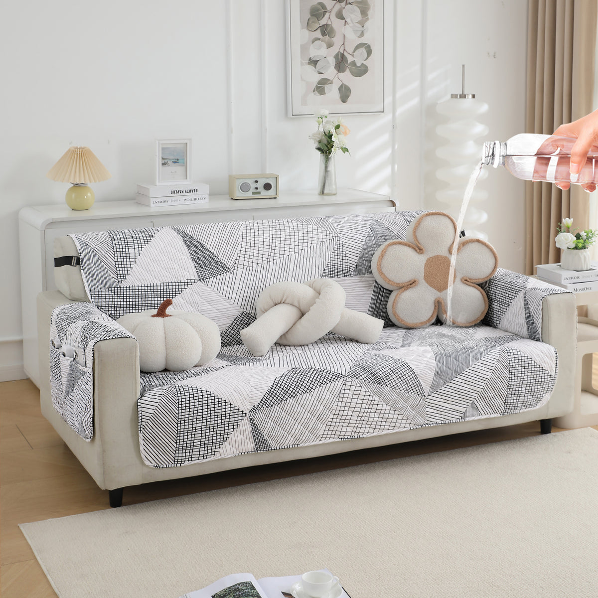 Waterproof & Quick-Dry Quilted Sofa Cover with Pockets on Armrest, Snow White Black Geometry