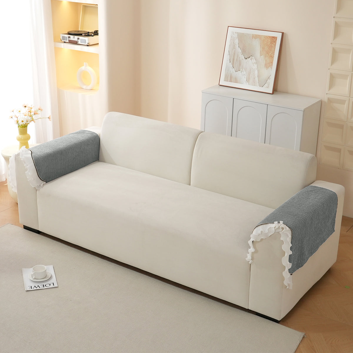 French Classic Frill Wavy Sofa Cover Mat, Moonstone Grey