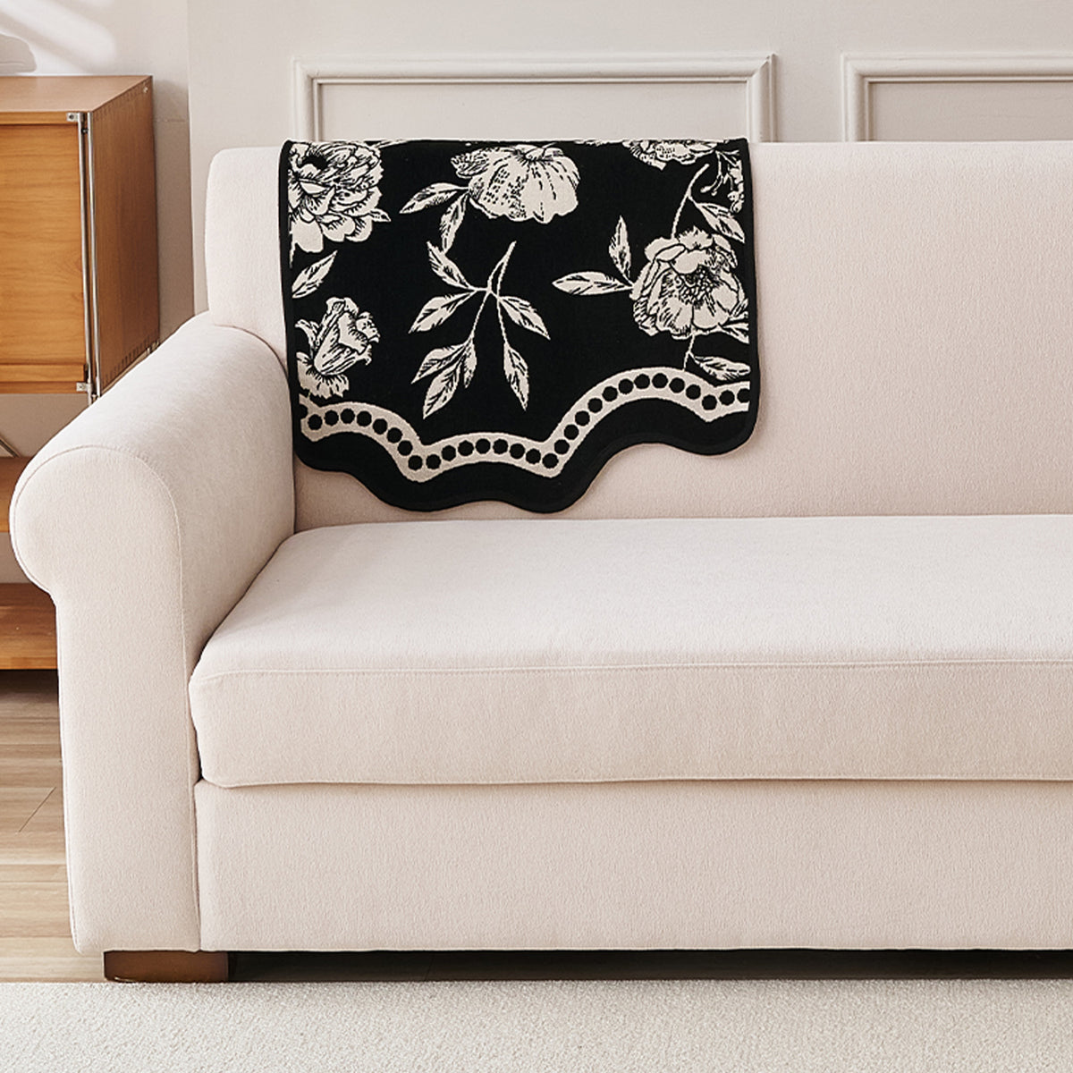 Chenille Sofa Cover Mat with Curvy Edges, 'Retro Curves Series' Sofa Mat, Classic Black