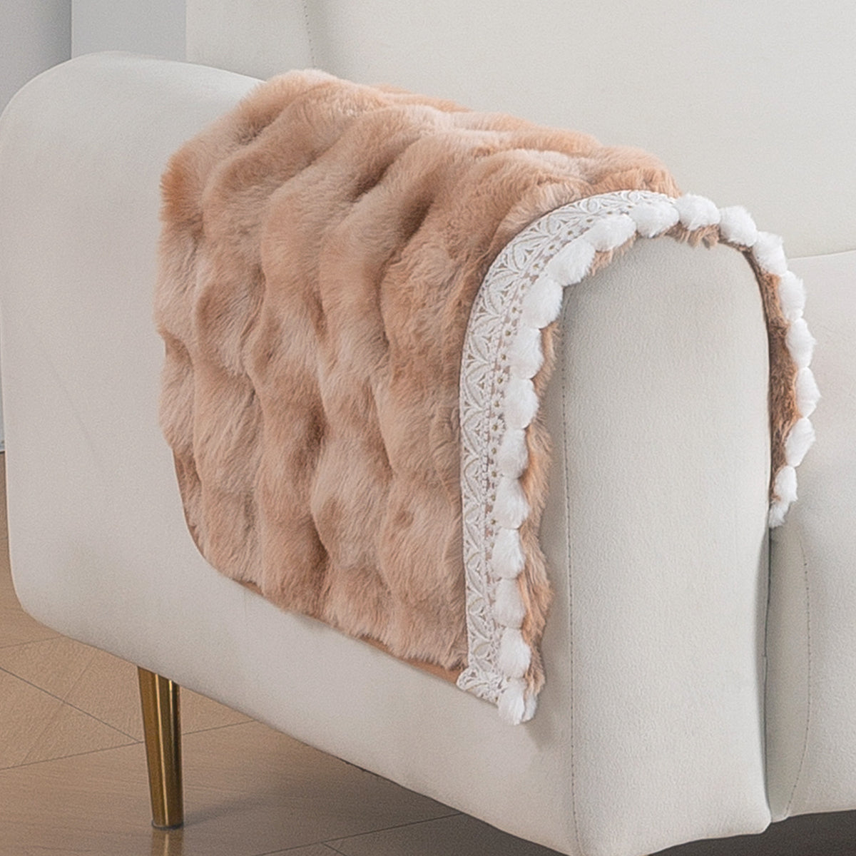 Faux Rabbit Fur Sofa Cover with Lace |Gradient Rabbit Plush, Brown