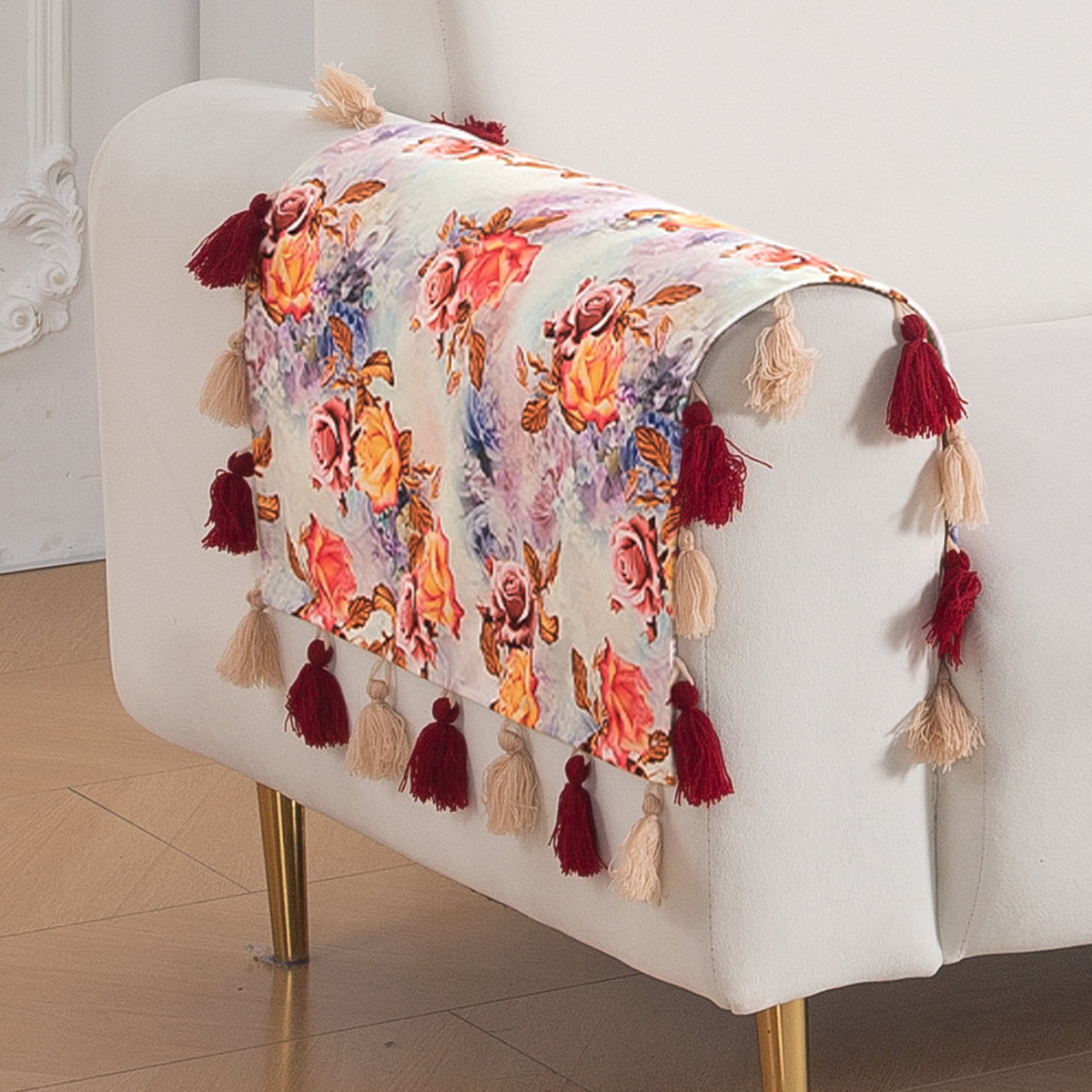 'Whispers of Nature' Series Holland Velvet Sofa Mat with Tassel, Vintage Rose Bloom