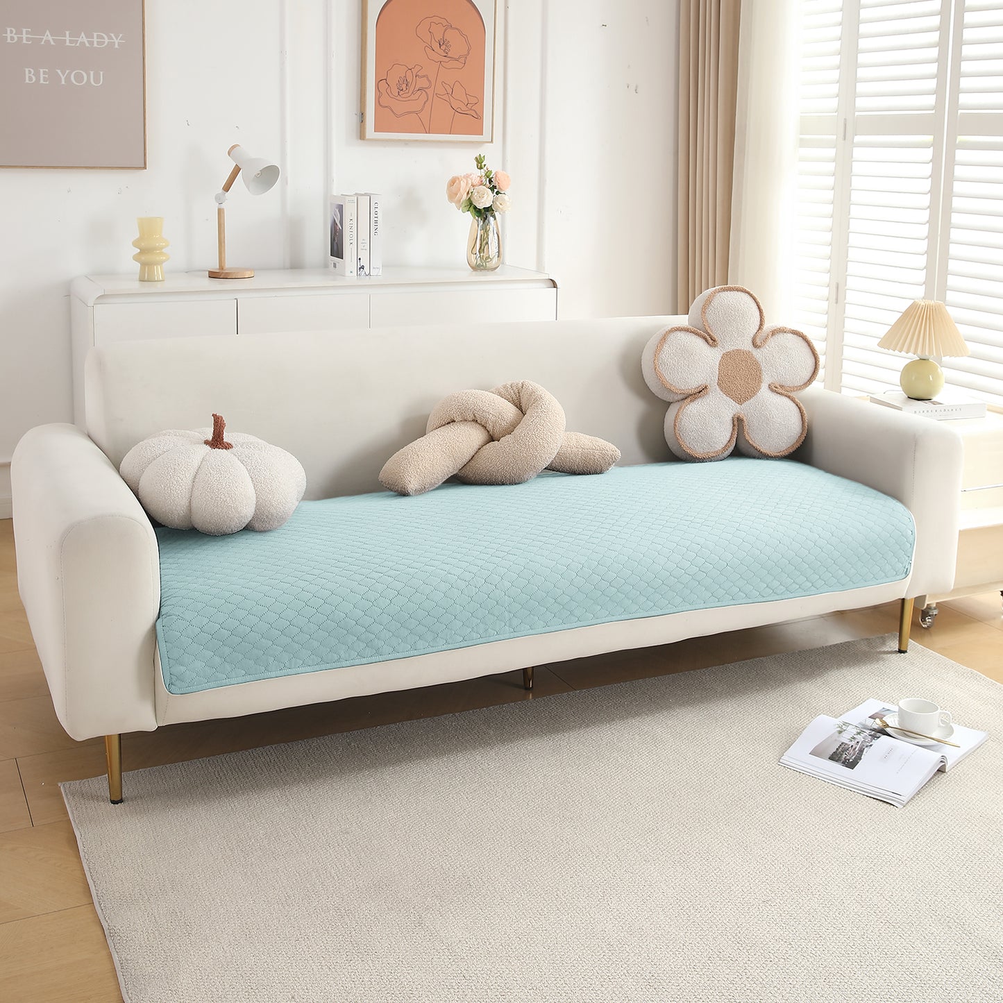 Quilted Sofa Cover Mat for 1/2/3 Seater Sofa, Light Sky Blue
