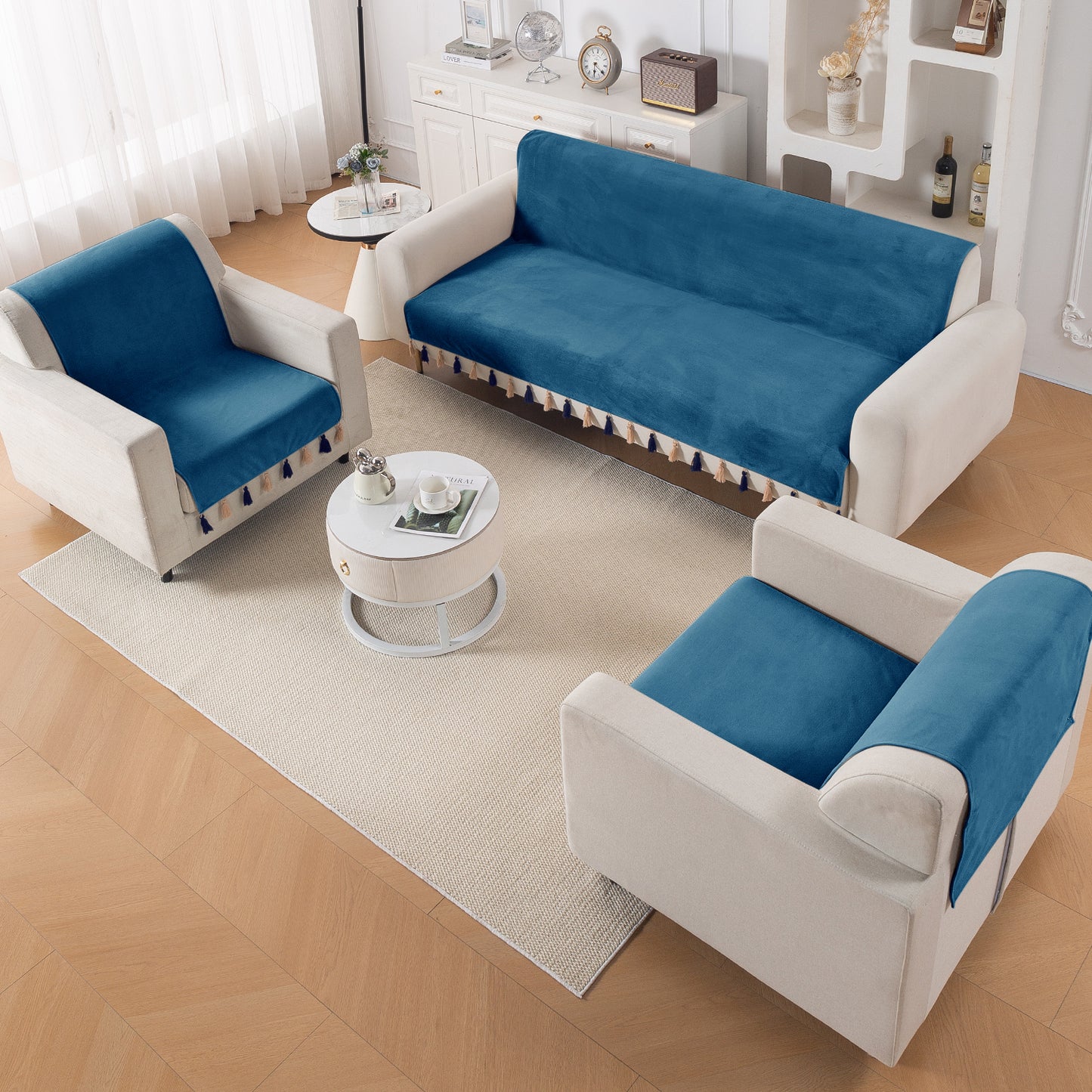 Holland Velvet 5-Seater Sofa Cover (3+1+1), TasselTone Series | Sea Blue