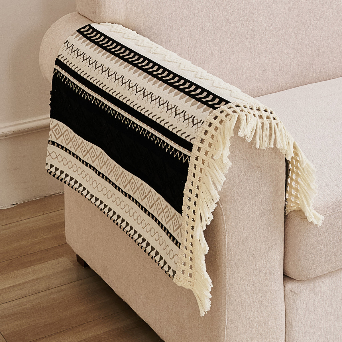 Nordic Boho Geometric Sofa Cover Mat with Tassel, 'Nordic Tassel Series'  Aurora Black