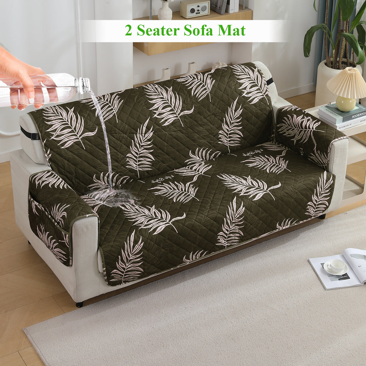 Quilted Waterproof Sofa Cover Mat with Pockets on Armrest Cover - Palm Leaves Olive