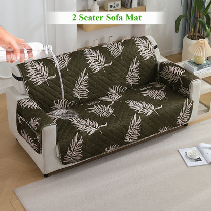 Quilted Waterproof Sofa Cover Mat with Pockets on Armrest Cover - Palm Leaves Olive