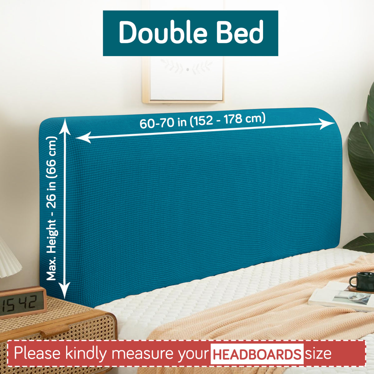 Buy Teal Colour Double bed headboard cover with stretchable jacquard, fits 152–178 cm width and 66 cm height | HOKIPO