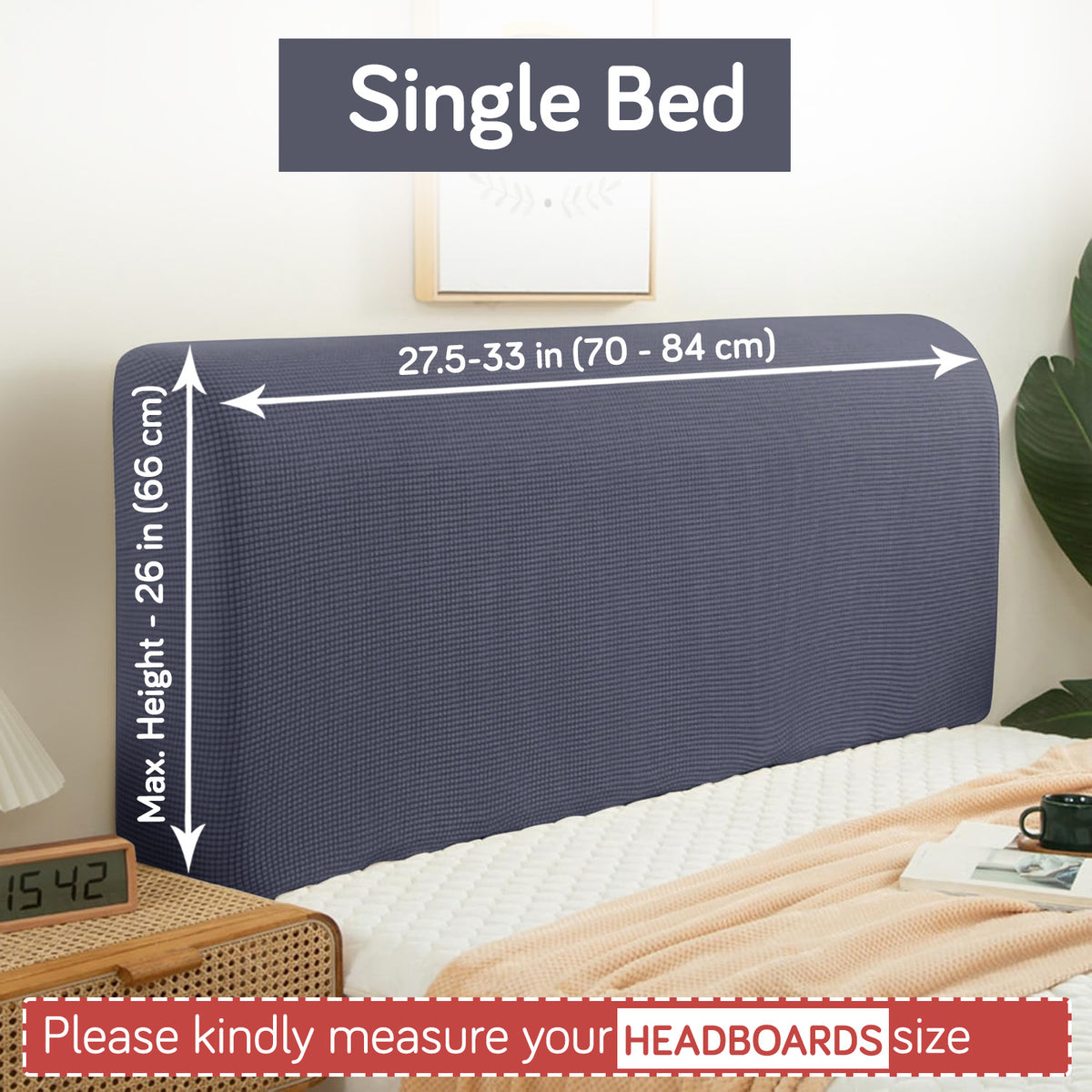 Buy Dark Grey Colour single bed headboard cover with stretchable jacquard, fits 70–84 cm width and 66 cm height | HOKIPO