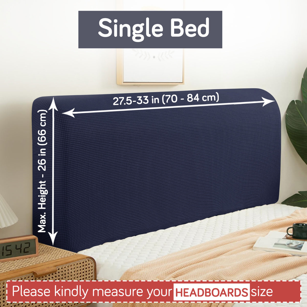 Buy Navy Blue Colour single bed headboard cover with stretchable jacquard, fits 70–84 cm width and 66 cm height | HOKIPO