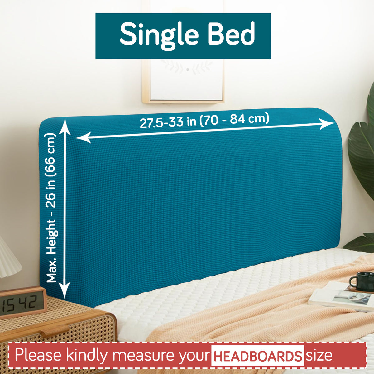 Buy Teal Colour single bed headboard cover with stretchable jacquard, fits 70–84 cm width and 66 cm height | HOKIPO