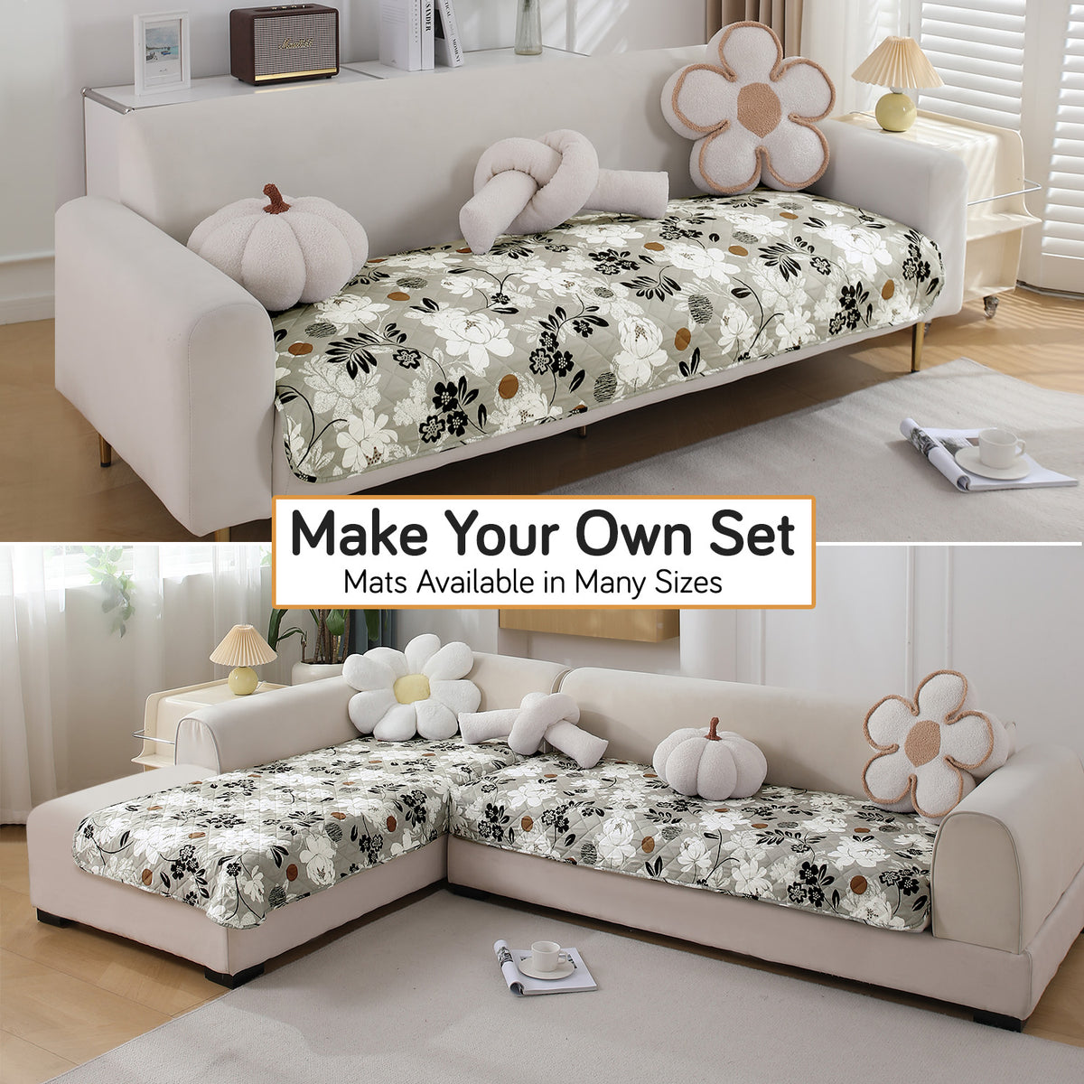 Water Repellent + Waterproof Quilted Sofa Mats, Feather Brown Floral
