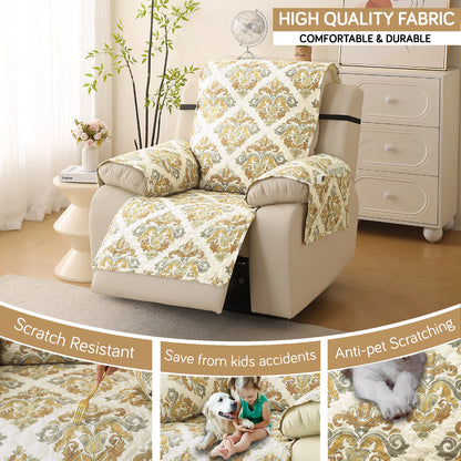 Quilted Printed Recliner Mats for 1 Seater Recliner Sofa, Damask Beige