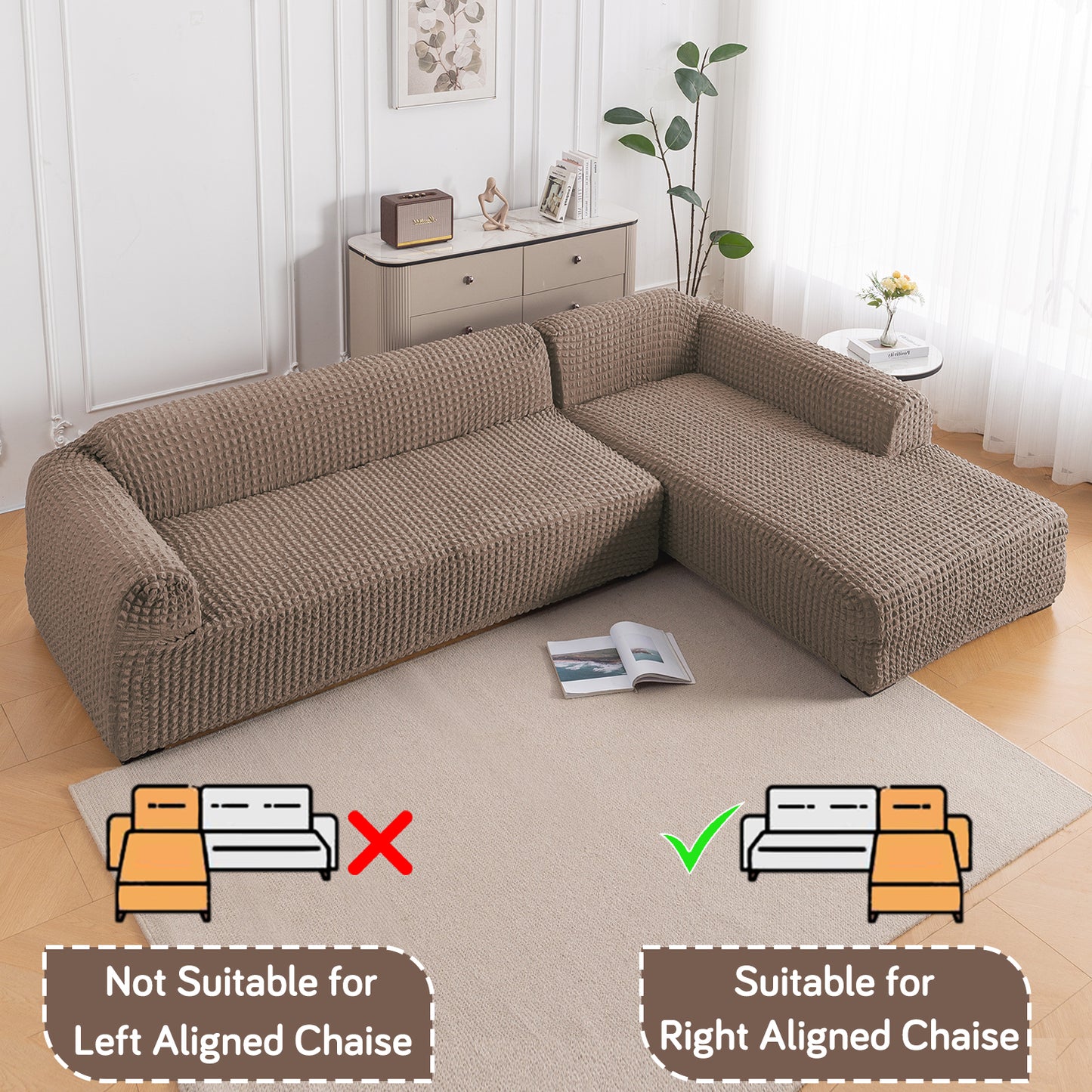 Aria Nova Bubble 2-Piece Stretchable L Shape Sofa Cover with Right Chaise, Mocha Brown