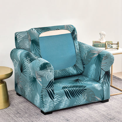 Printed Stretchable Sofa Slipcover with 1/2/3 Pc Separate Seat Cushion Cover for each 1/2/3 Seater, Aqua Palm Whisper