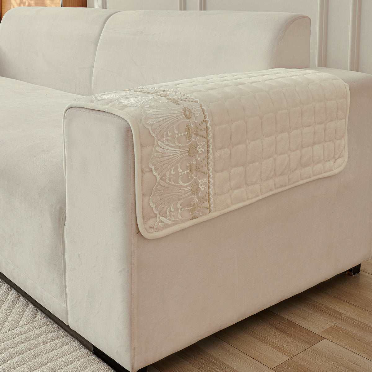 BelleLace Series Premium Imperial Milk Velvet Sofa Cover Mat with Lace Design -  Pearl White