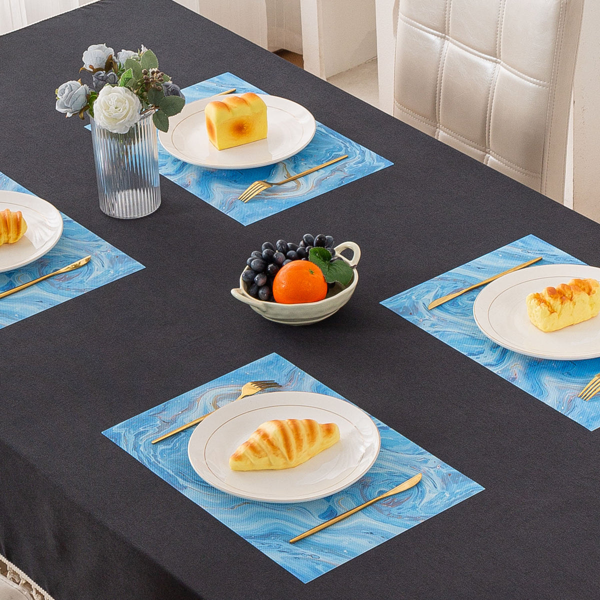 Marble Fusion PVC Mats for Dining Table, Aqua Swirl - Ocean Blue