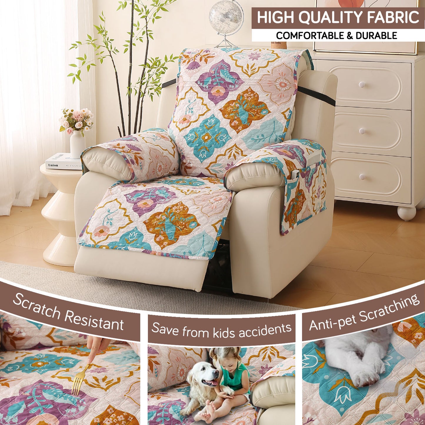 Quilted Printed Recliner Mats for 1 Seater Recliner Sofa, Quatrefoil Multicolor
