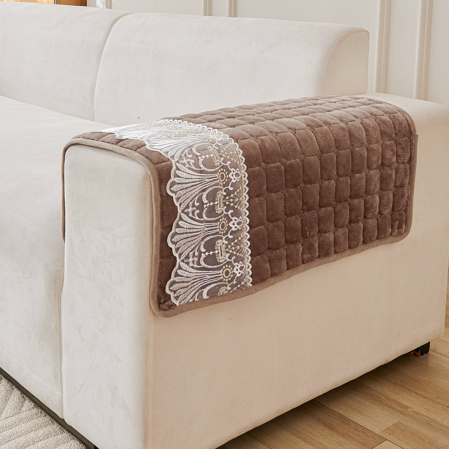 BelleLace Series Imperial Milk Velvet Sofa Cover Mat with Lace Design - Mocha Brown