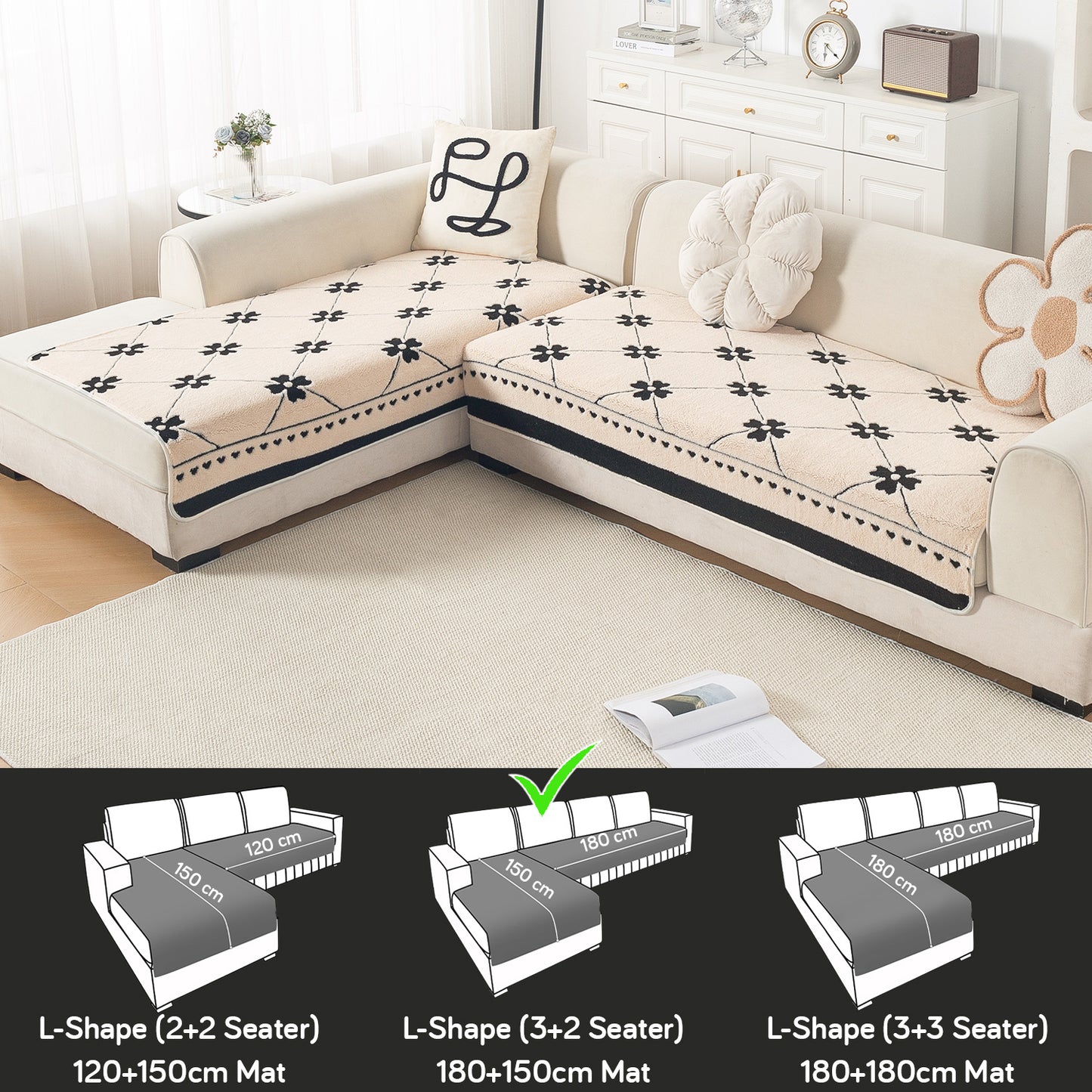 Luxury Plush Sherpa Anti Slip L Shape & Combination Sofa Mat, 'Noirea Series'|Floral Lattice