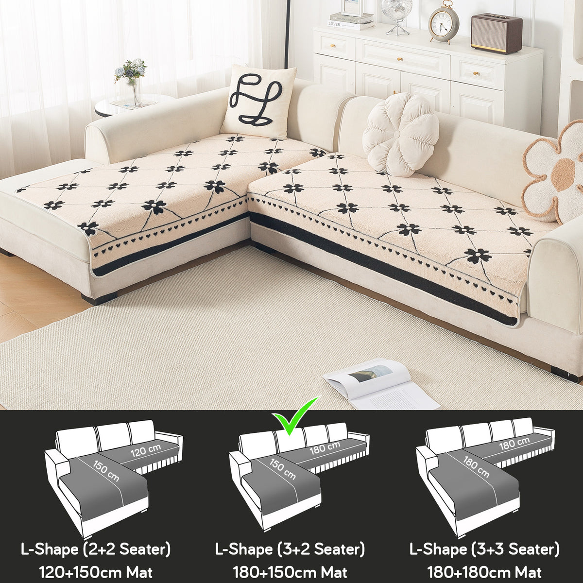 Luxury Plush Sherpa Anti Slip Combination Sofa Mat, 'Noirea Series'|Floral Lattice