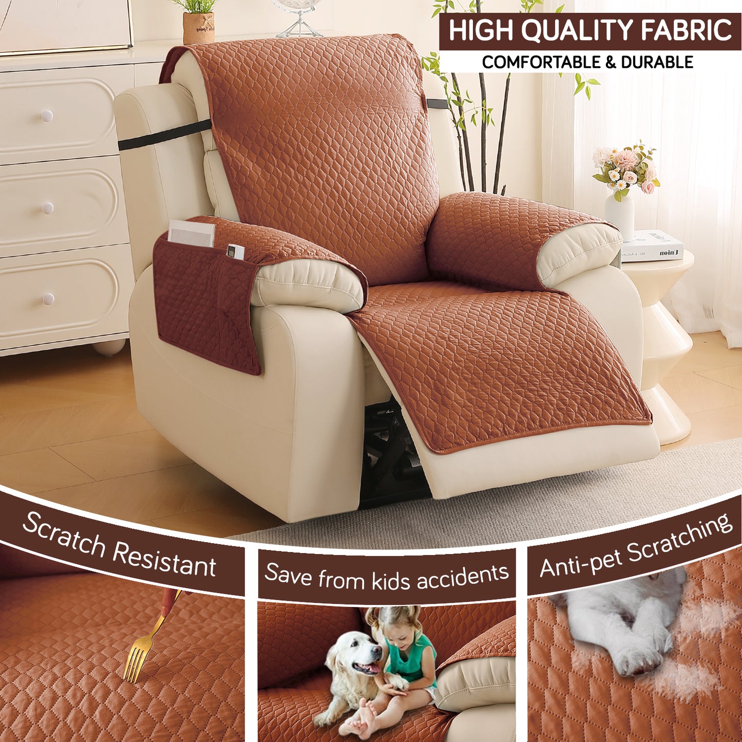 Quilted Recliner Mats for 1 Seater Recliner Sofa, Brown