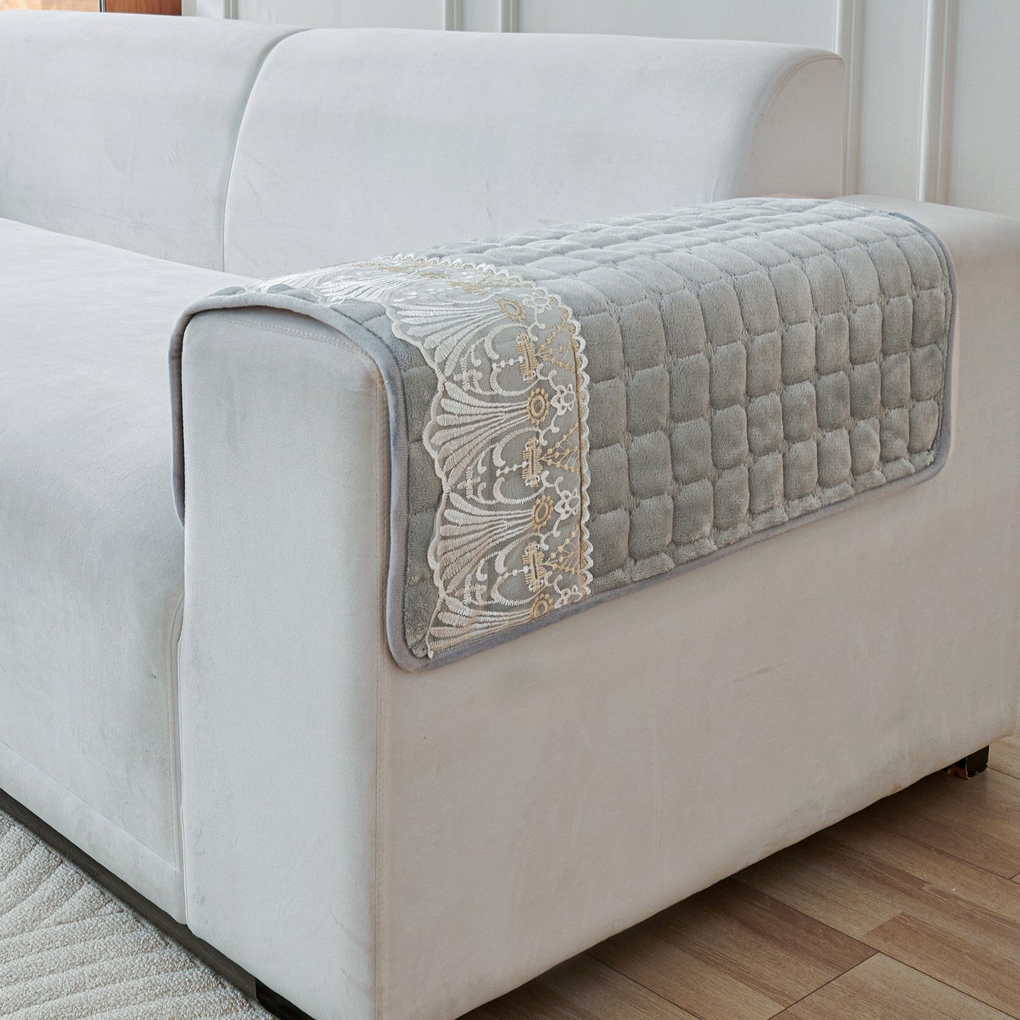 BelleLace Series Imperial Milk Velvet Sofa Cover Mat with Lace Design - Cloud Grey