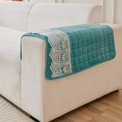 BelleLace Series Imperial Milk Velvet Sofa Cover Mat with Lace Design - Teal