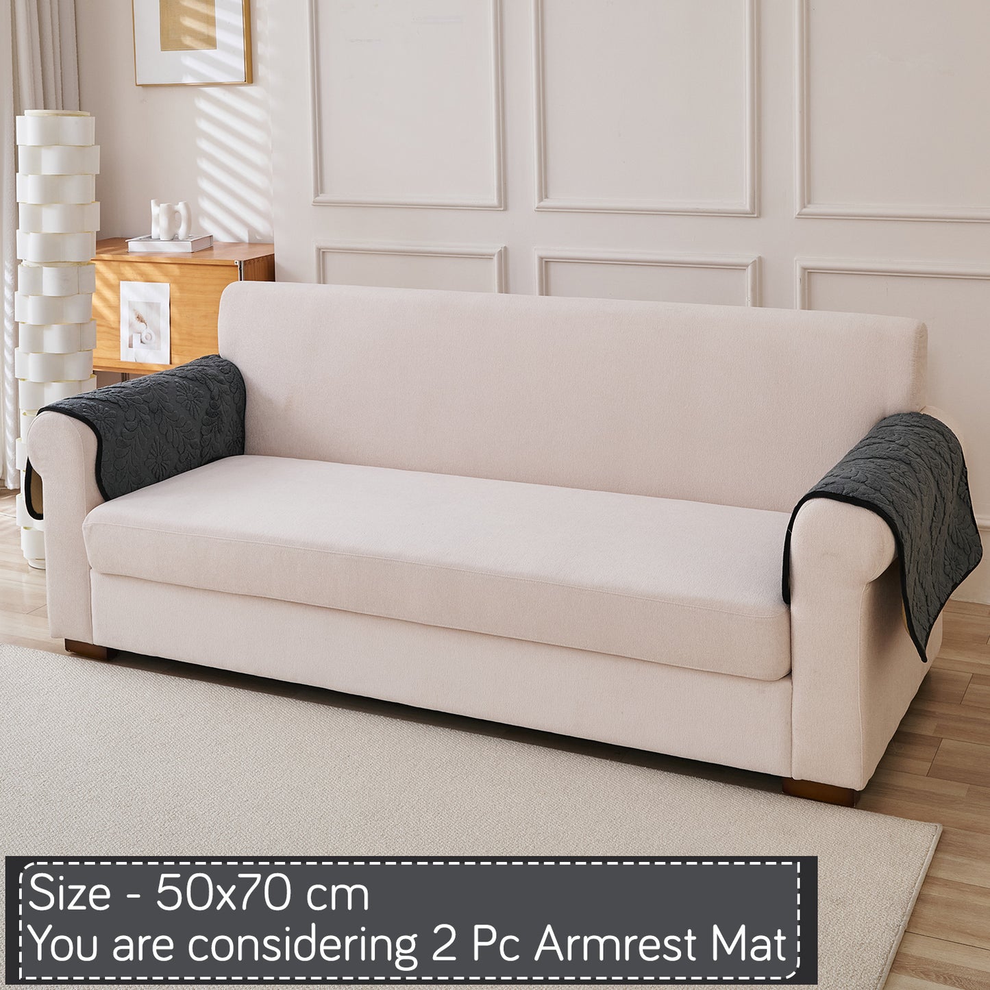 Embossed Floral Jacquard Anti-Slip Sofa Cover Mat, 'Wavy Petal Crest Series' Charcoal Grey