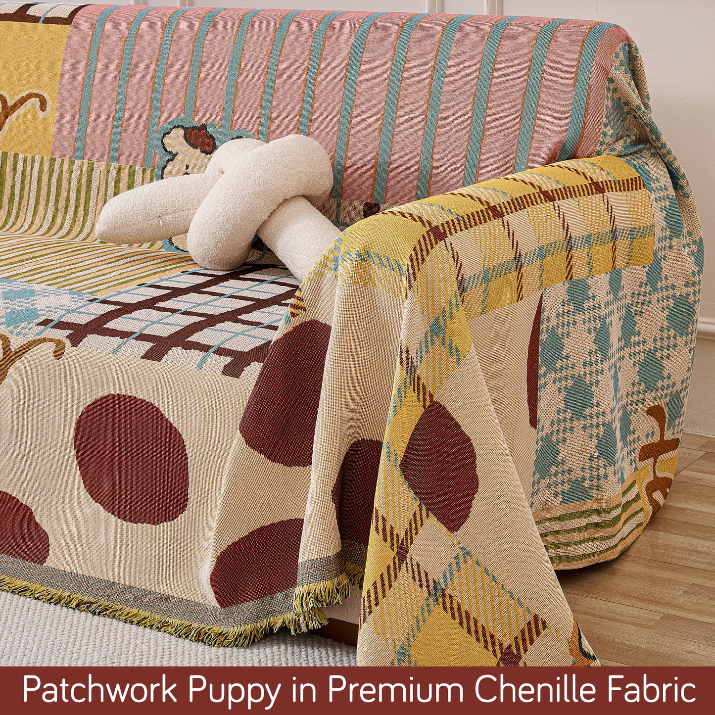 All-Season Chenille Sofa Throw, Patchwork Puppy Series