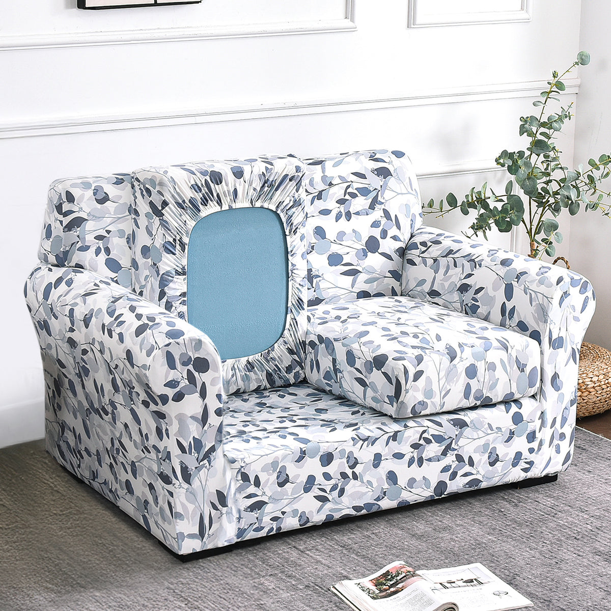 Printed Stretchable Sofa Slipcover with 1/2/3 Pc Separate Seat Cushion Cover for each 1/2/3 Seater,Frost Blue Foilage