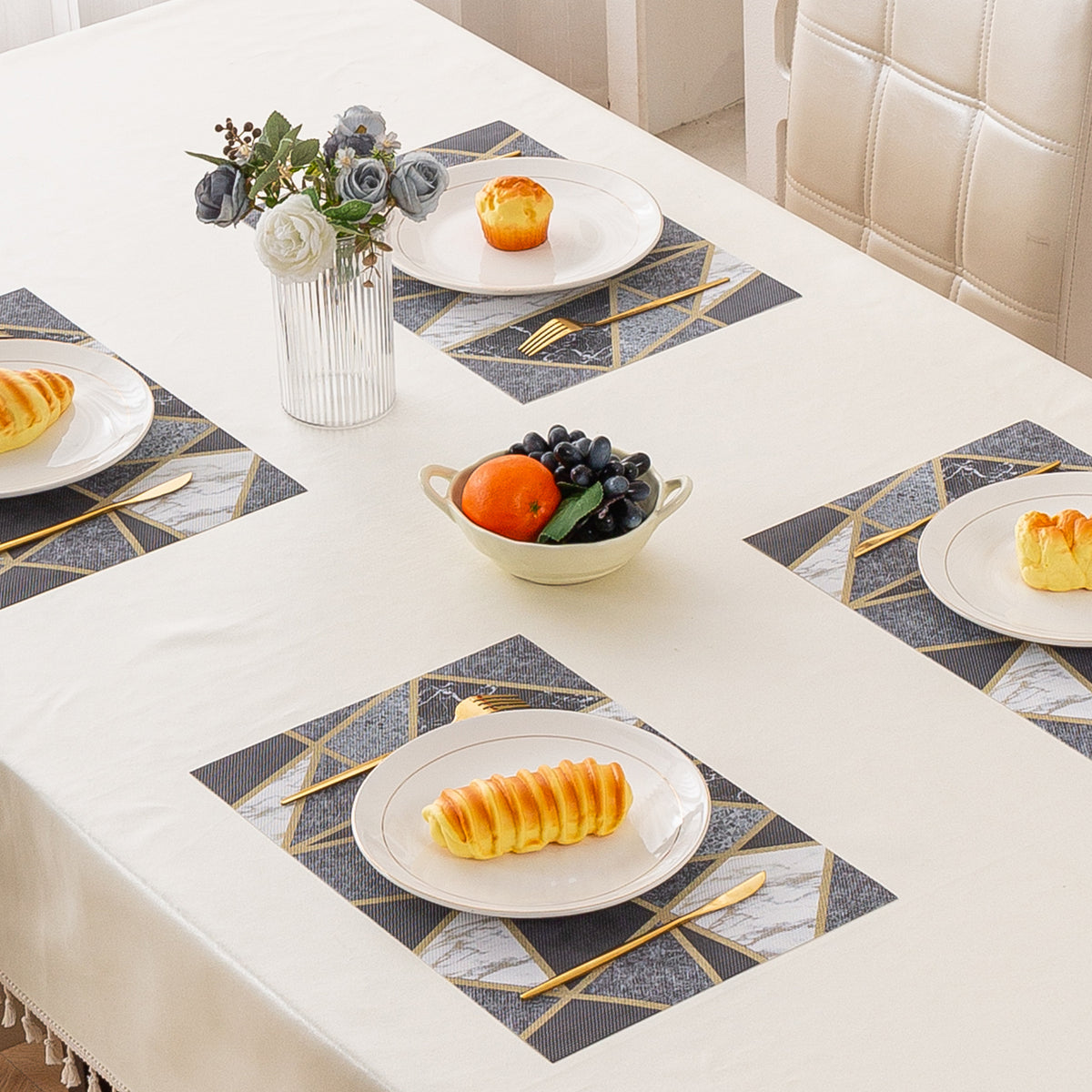 Marble Fusion PVC Mats for Dining Table, Geo Triangles - Charcoal Grey