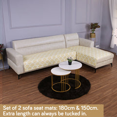 Printed Quilted L Type Sofa Mat Set (3+2 Seater), Ogee Ivory