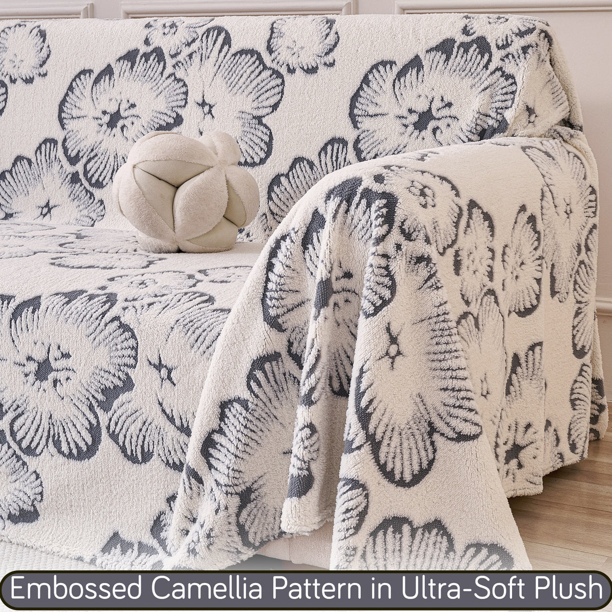 Buy Pearl Grey Colour Camellia Blossom Luxury Plush Sofa Cover – 3 Seater Sofa | HOKIPO