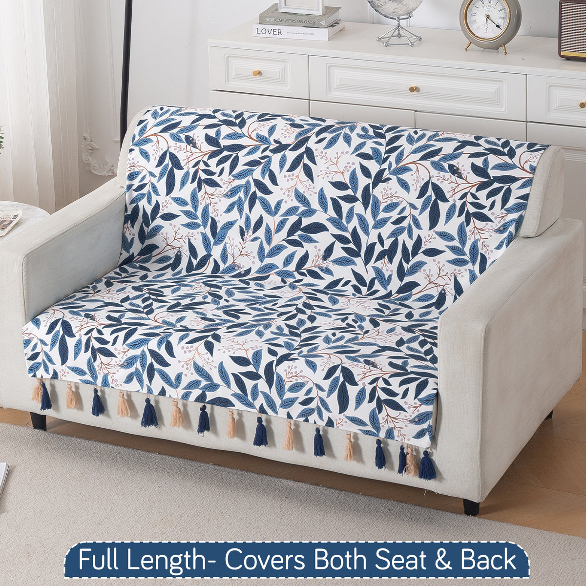 'Whispers of Nature' Series Holland Velvet Sofa Cover with Tassel, Indigo Foliage
