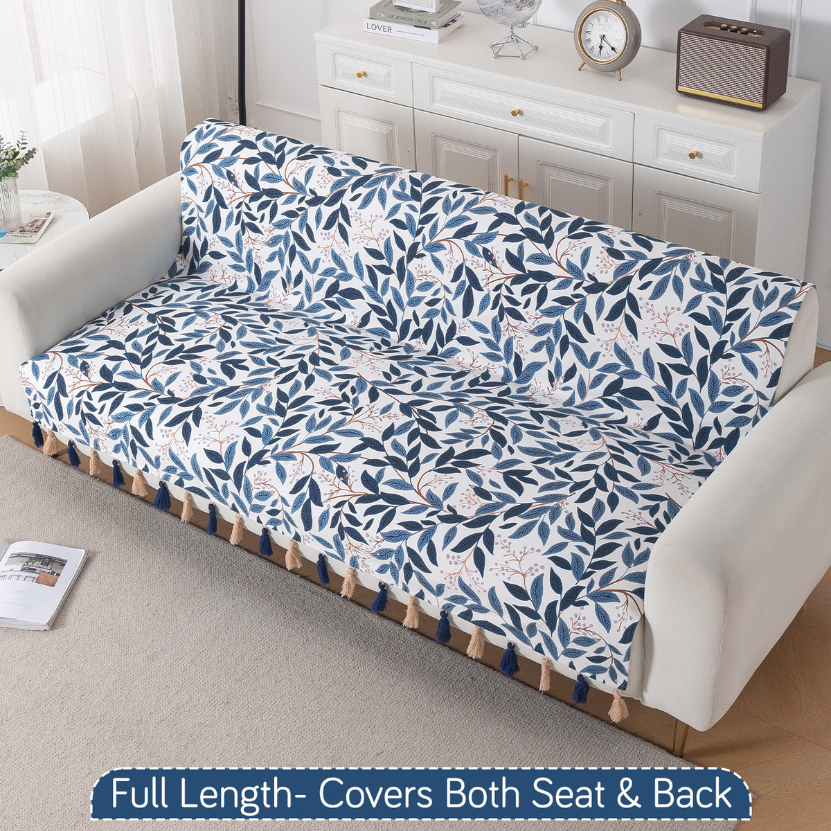 'Whispers of Nature' Series Holland Velvet Sofa Cover with Tassel, Indigo Foliage