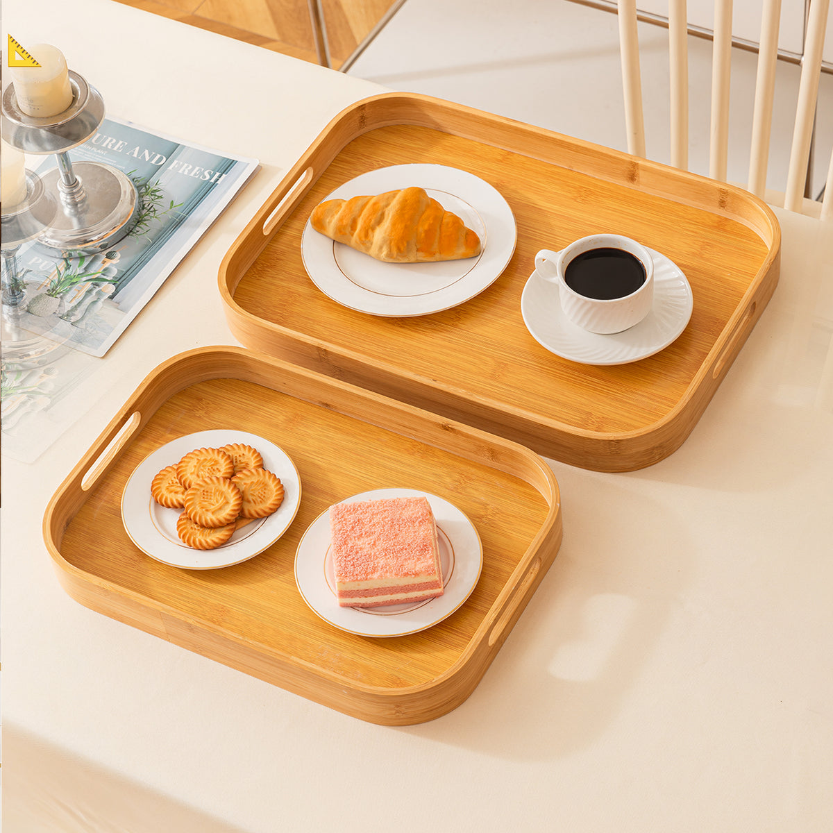 Bamboo Wooden Serving Tray Set with Handles
