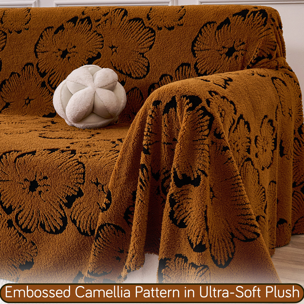 Buy Rustic Caramel Colour Camellia Blossom Luxury Plush Sofa Throw – Two Seater Sofa | HOKIPO
