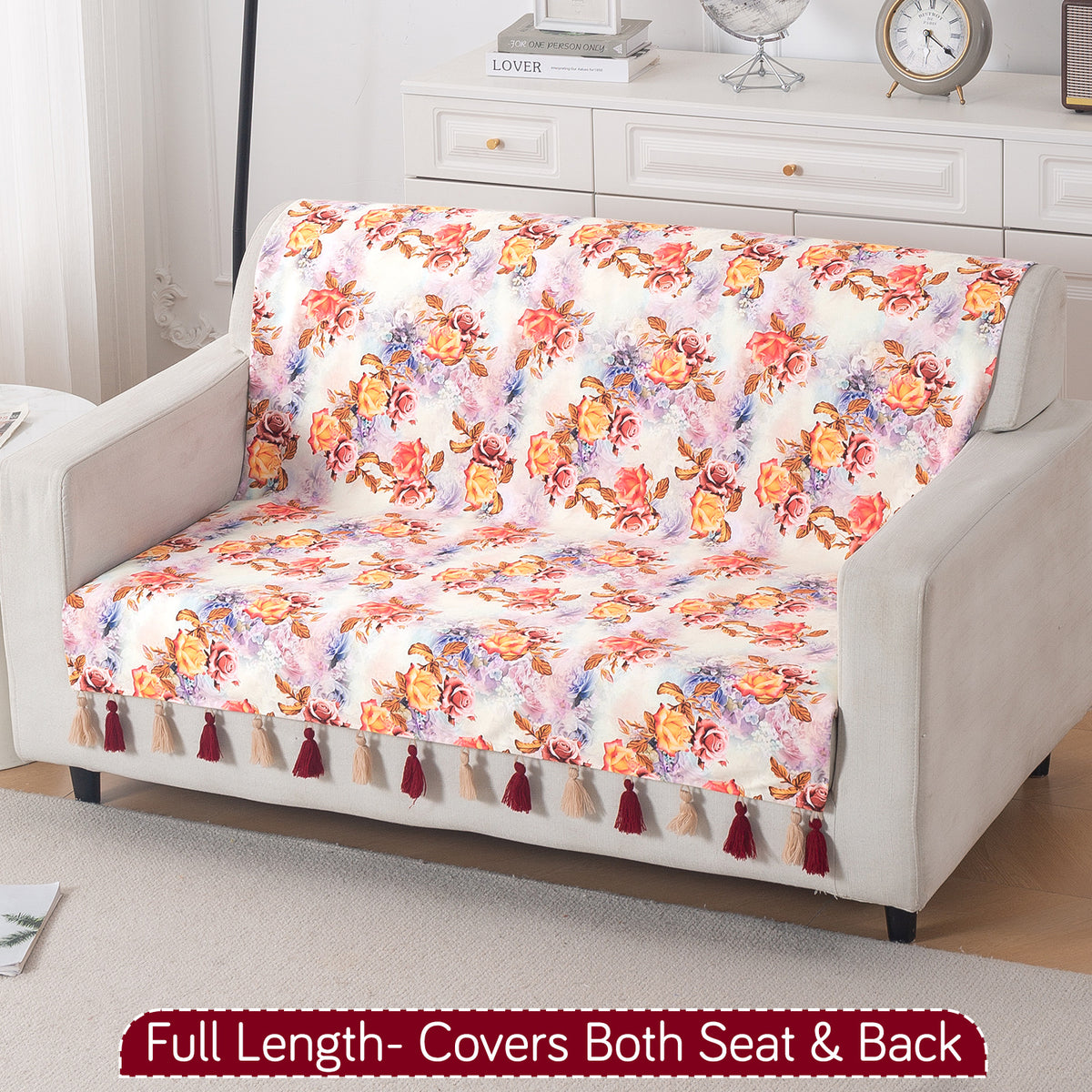 'Whispers of Nature' Series Holland Velvet Sofa Cover with Tassel, Vintage Rose Bloom