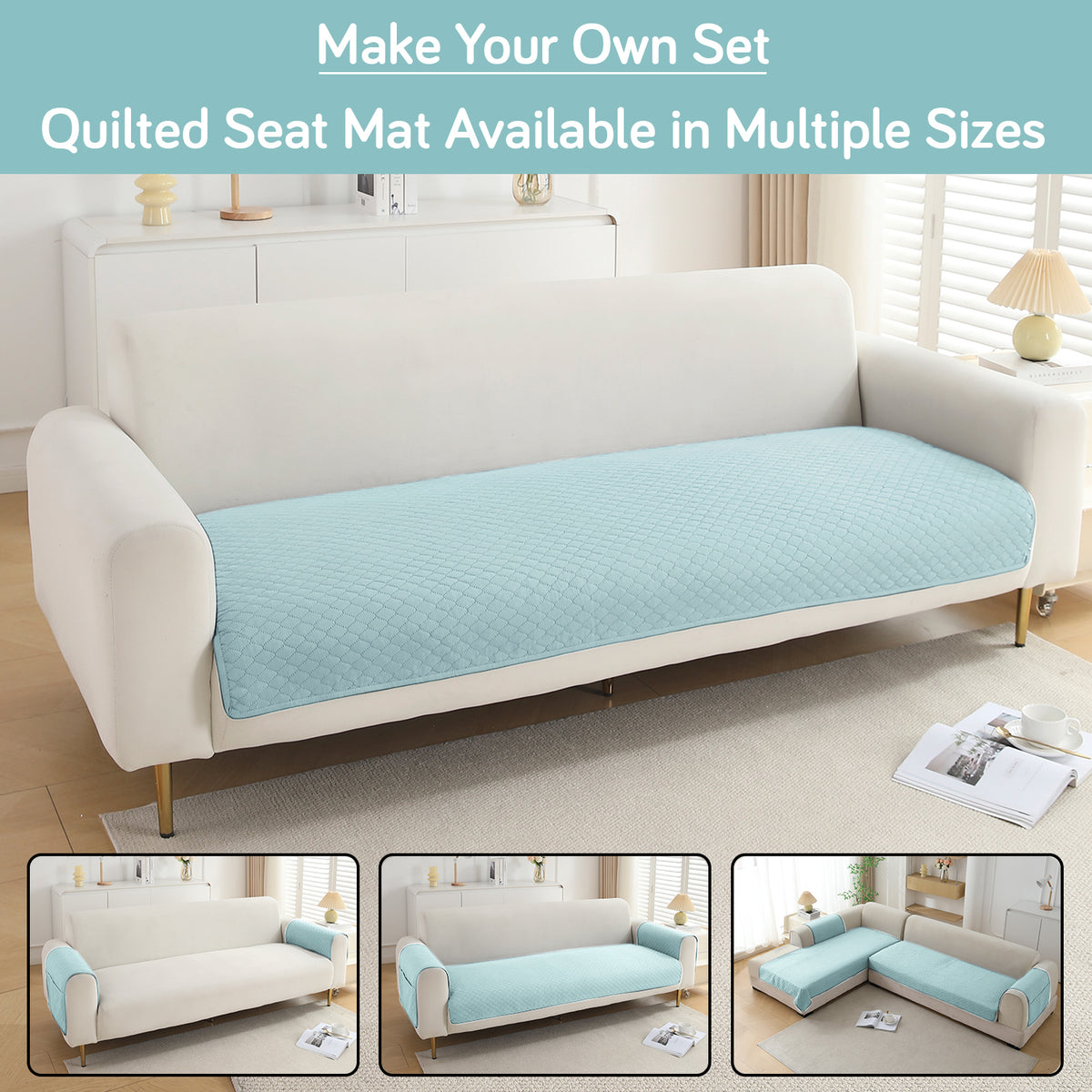 Polyester Quilted Sofa Cover Mats, Light Sky Blue