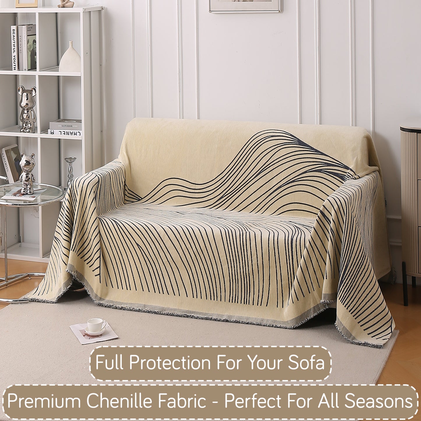WaveLoom Collection Printed Chenille Sofa Cover Throw Blanket, Grey
