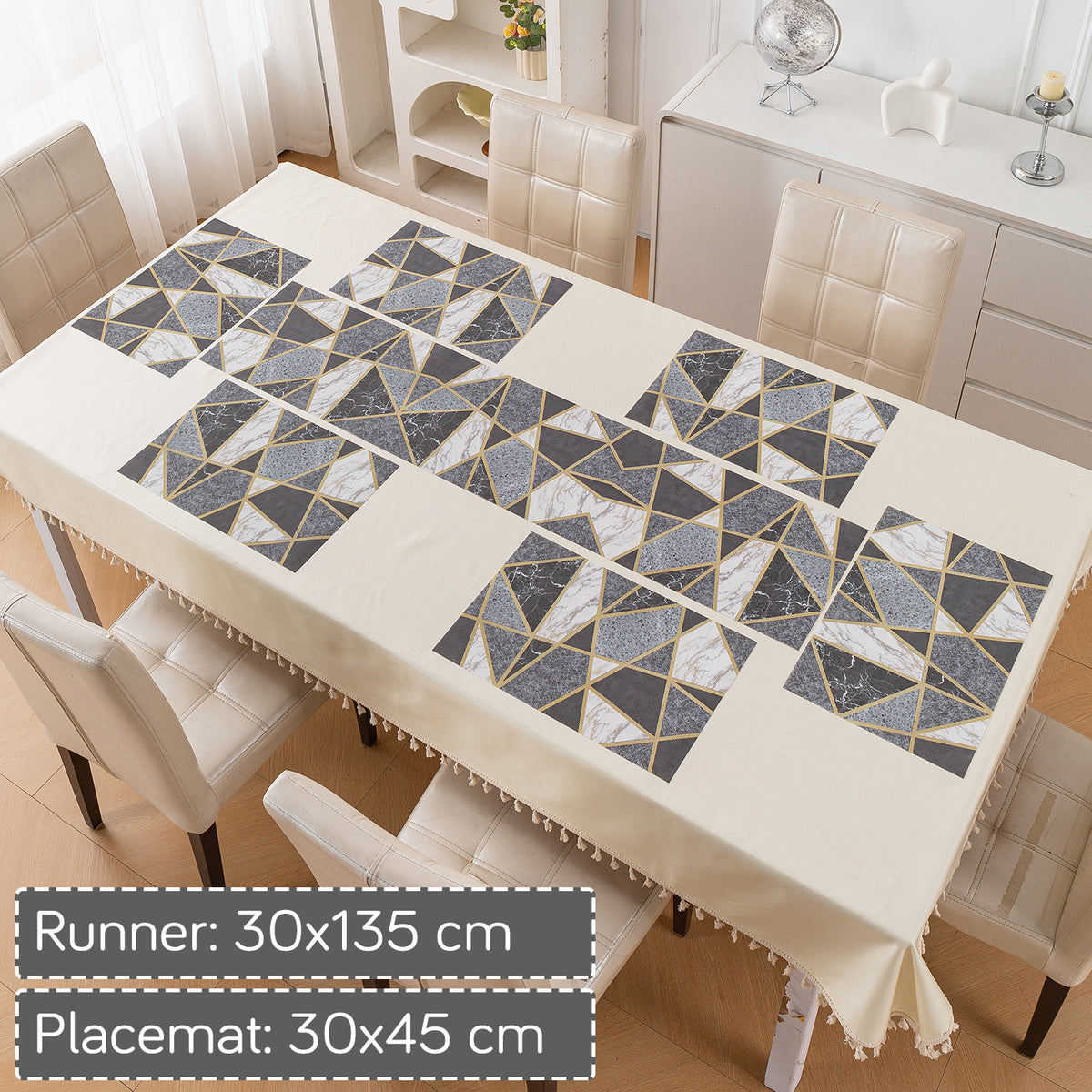 Marble Fusion PVC Mats for Dining Table, Geo Triangles - Charcoal Grey
