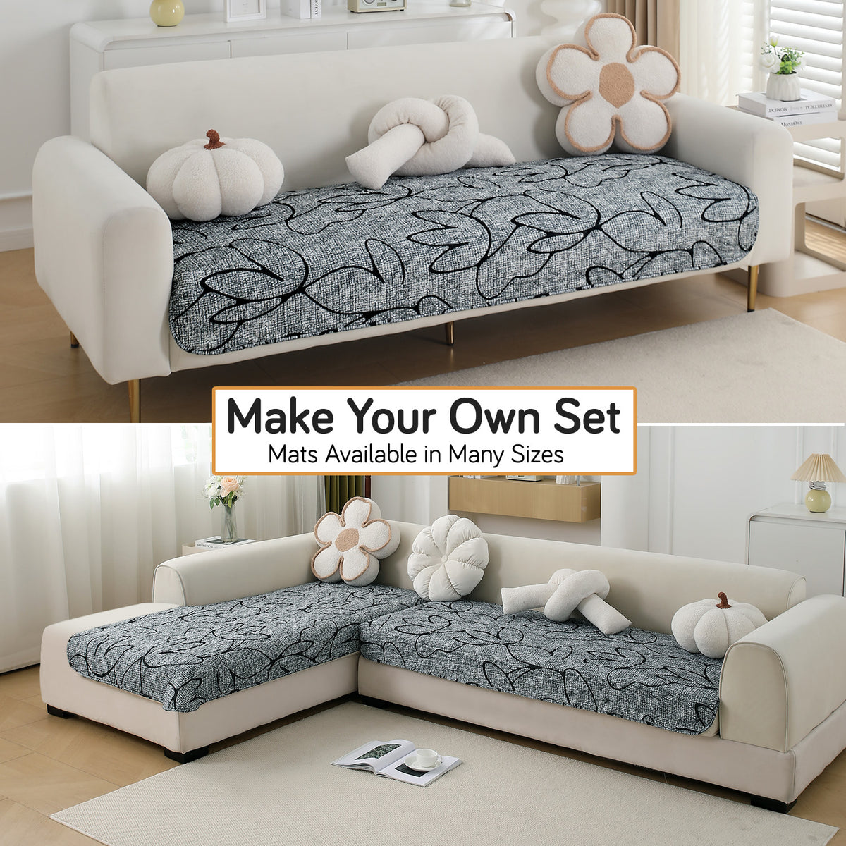 Water Repellent + Waterproof Quilted Sofa Mats, Intense Grey Abstract Floral