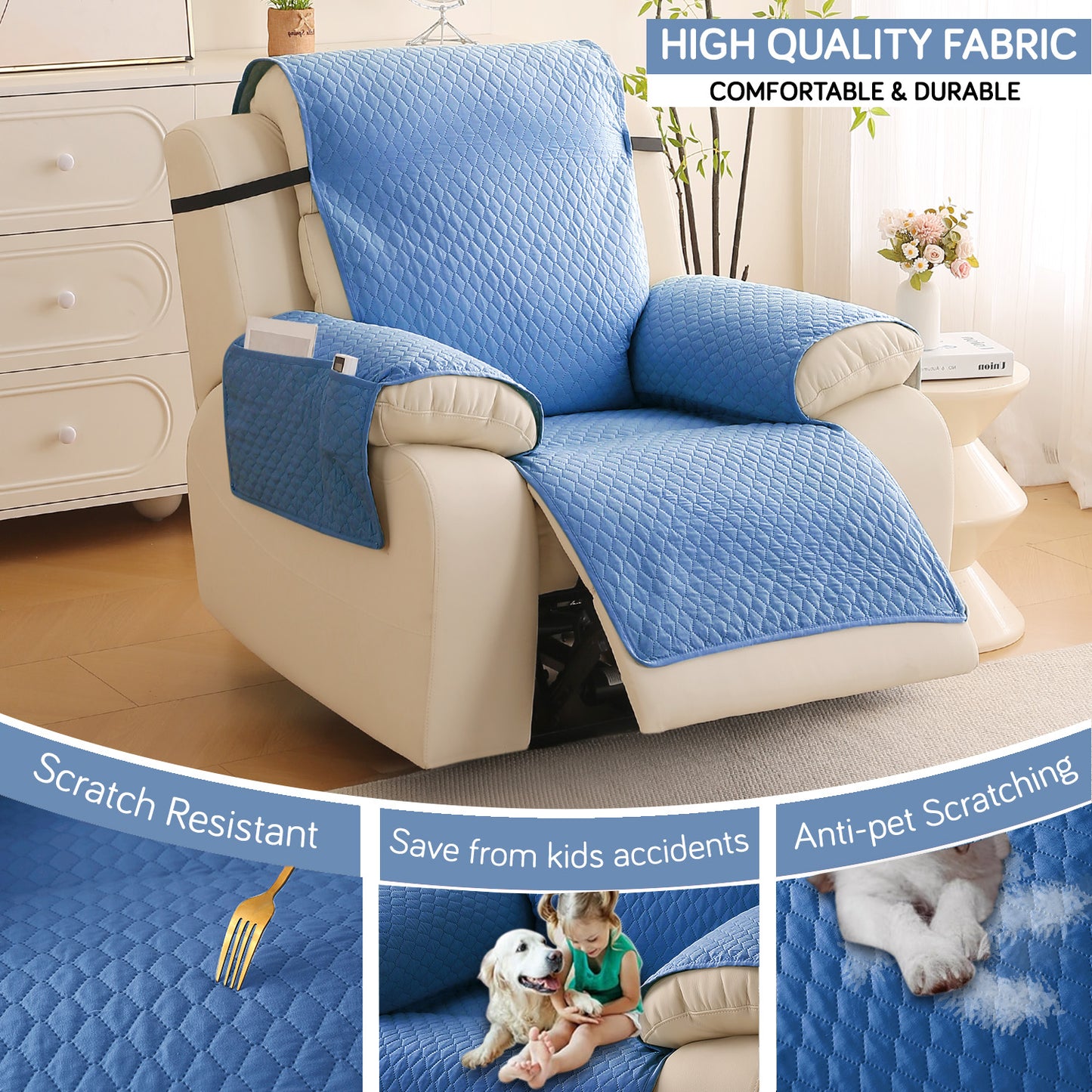 Quilted Recliner Mats for 1 Seater Recliner Sofa, Blue