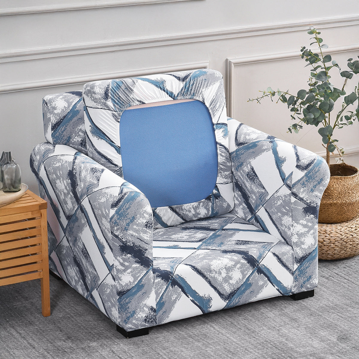 Printed Stretchable Sofa Slipcover with 1/2/3 Pc Separate Seat Cushion Cover for each 1/2/3 Seater, Graphite Glacier Grid