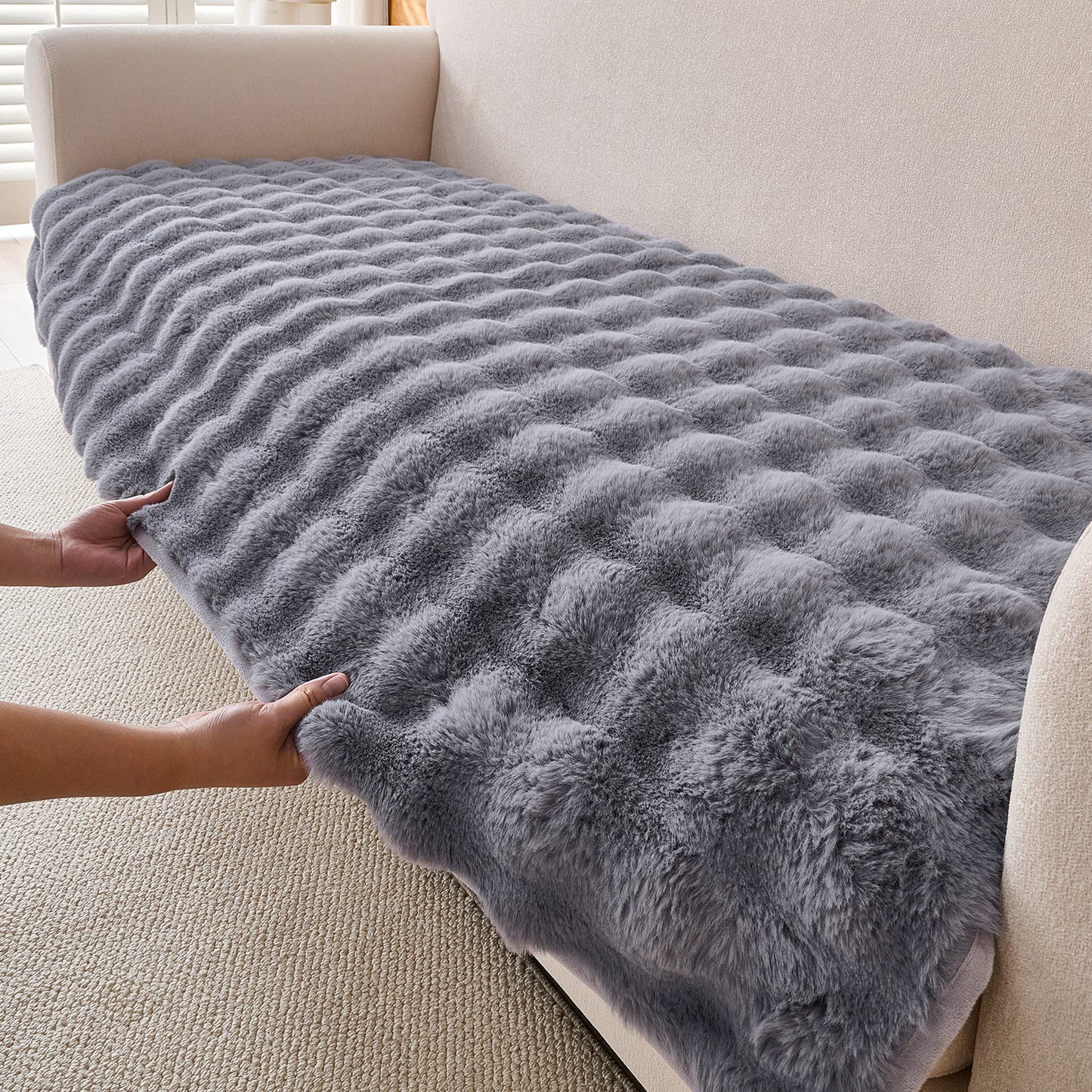 Premium Faux Rabbit Fur Anti Slip Sofa Mat for 1/2/3 Seater, Cool Grey