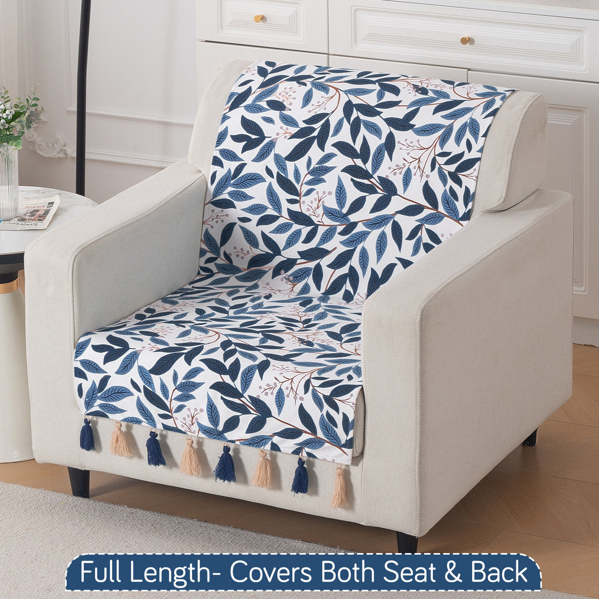 'Whispers of Nature' Series Holland Velvet Sofa Cover with Tassel, Indigo Foliage