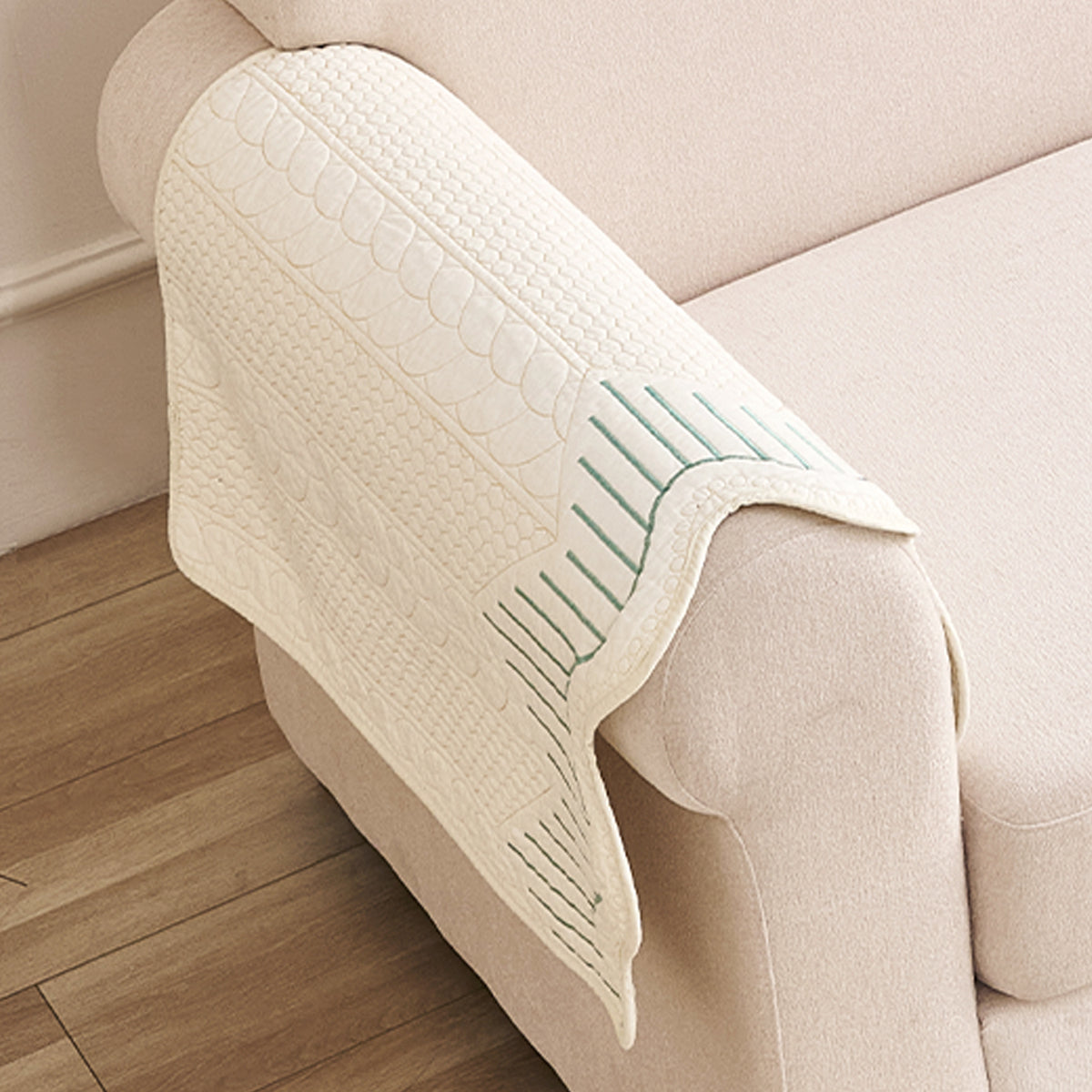 Cotton Reverie with a Curved Wavy Edge Sofa Mat, Greenish Cream